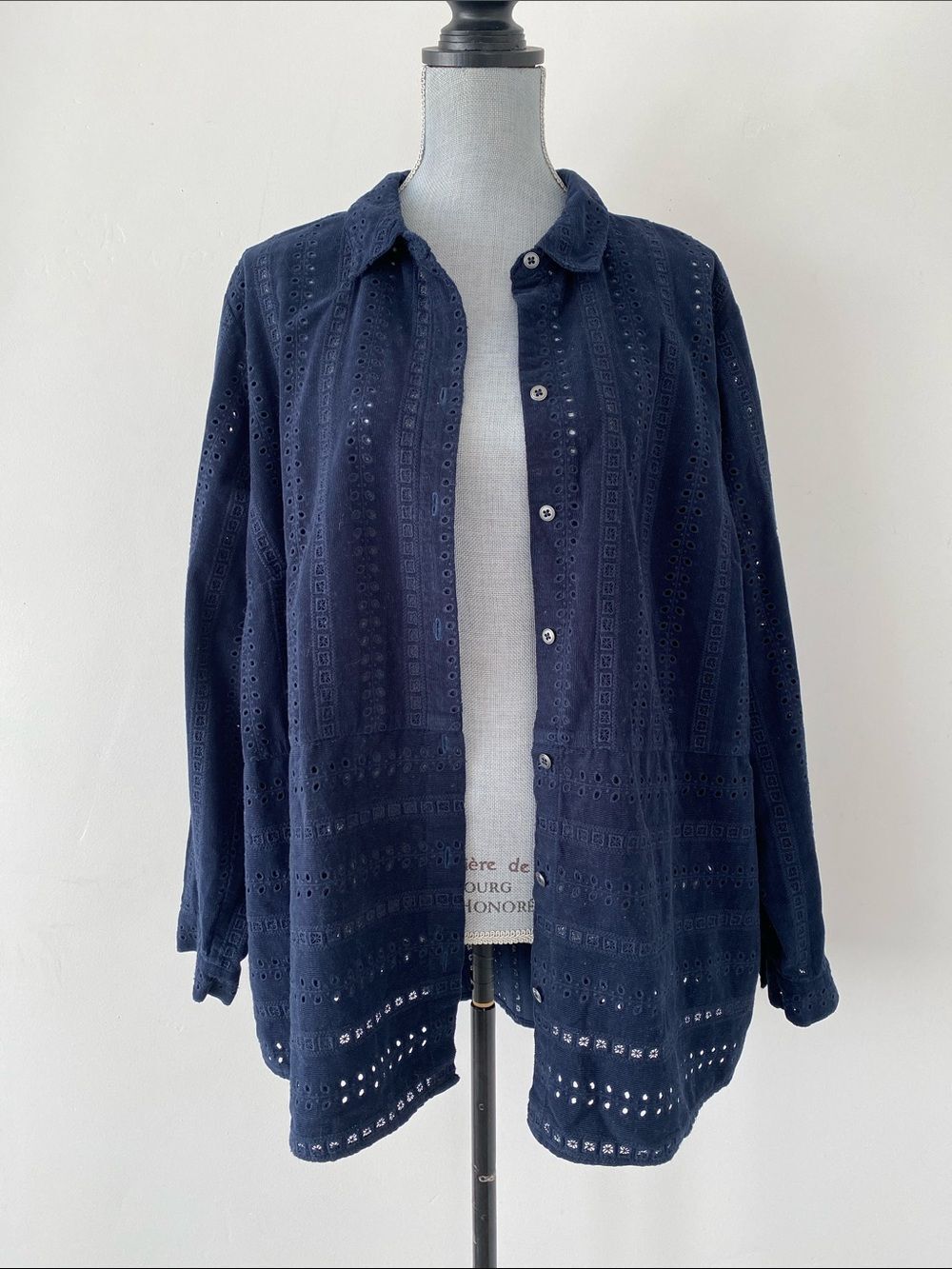 J. Jill Corduroy Eyelet Button Down Shirt Navy 2X Layering Cottage Boho Chic